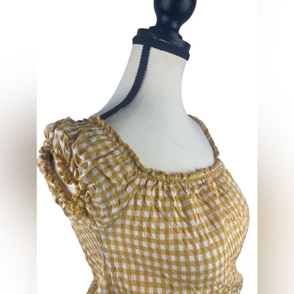 Brandy Melville Women Yellow Stretch Sleeveless Gingham Ruffle Crop Top Size: S - Picture 3 of 7
